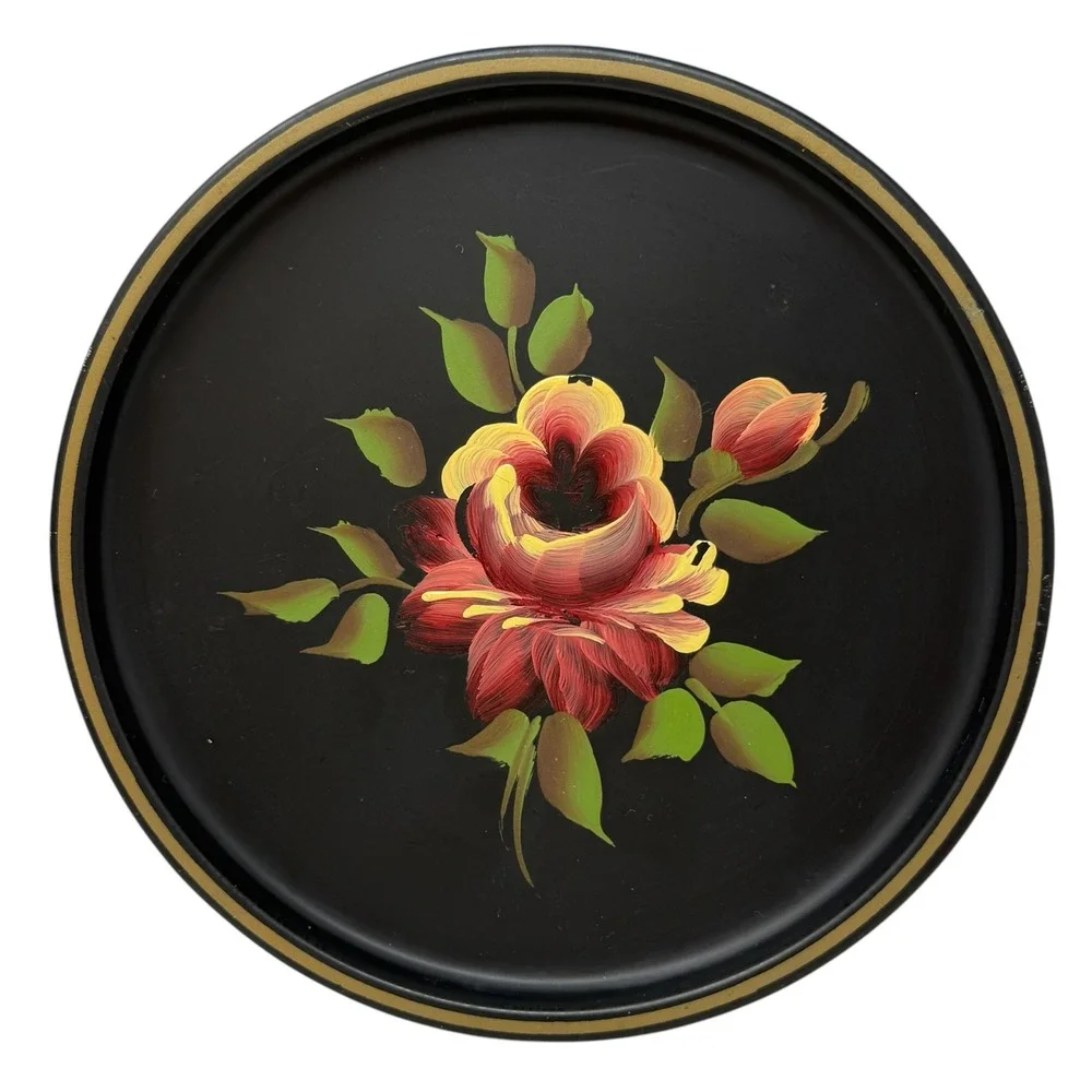 Vintage Hand Painted Tole Tin Plates Set of 4 Black Floral Rose Wall Decor 8
